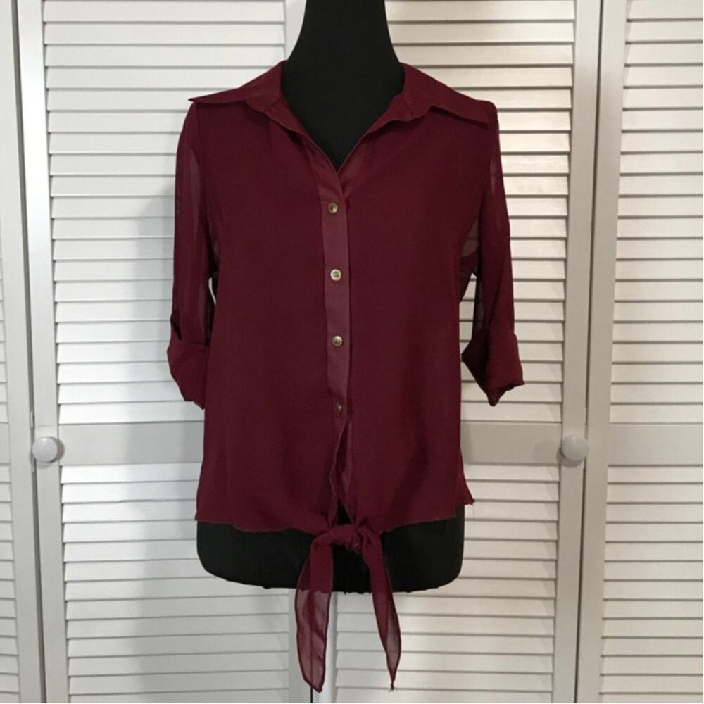 Body Central Y2K Boho Sheer Burgundy Front-tie Waist Blouse Women L